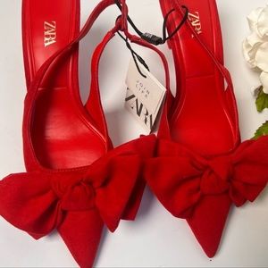 ZARA NEW RED FAUX SUEDE HEELED SLINGBACK SHOES WITH BOW size 38